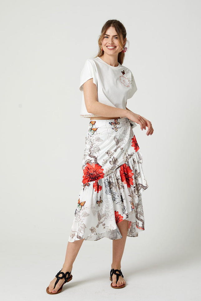 Lalipop Design | Floral Print Satin Wrap Midi Skirt