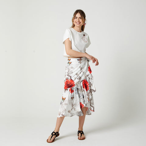 Lalipop Design | Spódnica midi z satyny z nadrukiem kwiatowym