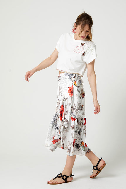 Lalipop Design | Floral Print Satin Wrap Midi Skirt