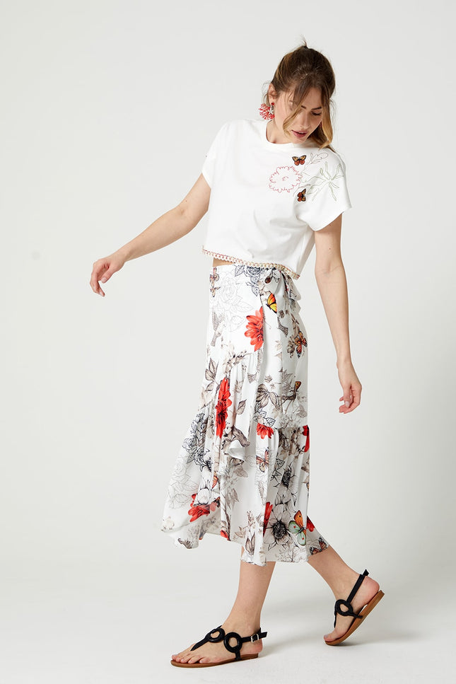 Lalipop Design | Floral Print Satin Wrap Midi Skirt