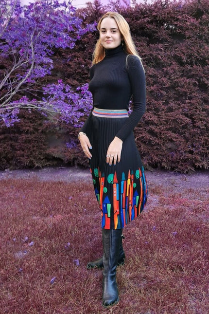 Lalipop Design | Pleated Midi Skirt with Colorful House Prints