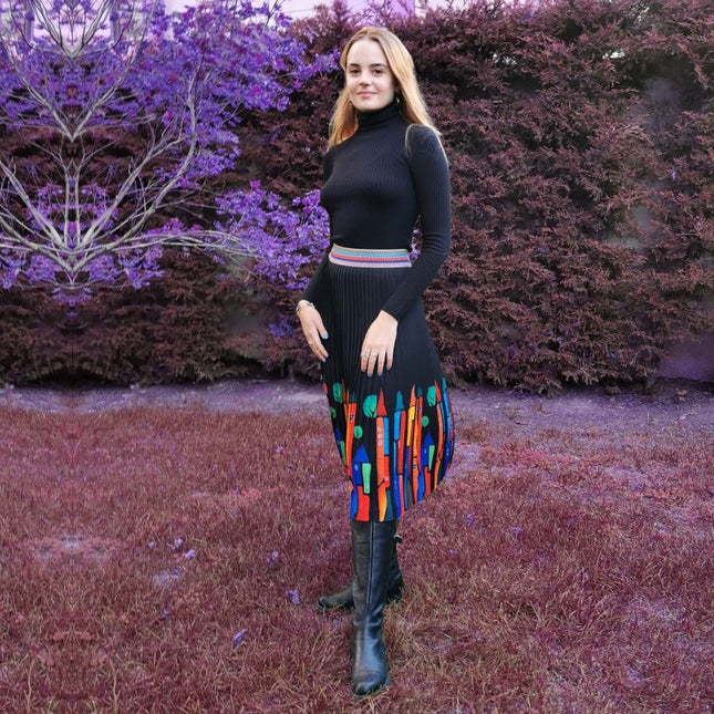 Lalipop Design | Pleated Midi Skirt with Colorful House Prints