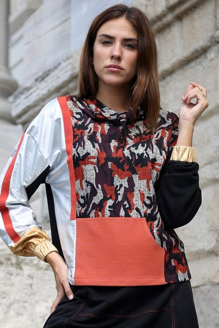Lalipop Design | Silver & Gold Garnished Sweatshirt with Camo Digital Print