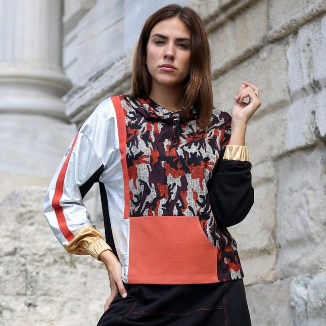 Lalipop Design | Silver & Gold Garnished Sweatshirt with Camo Digital Print