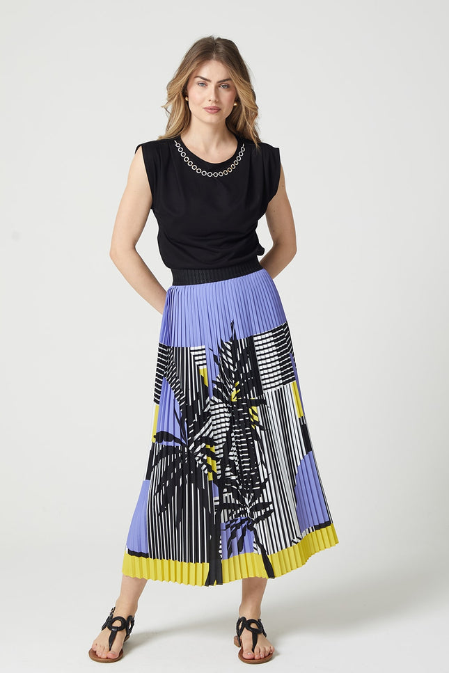 Lalipop Design | Stripe And Palm Print Pleated Recycled Fabric Maxi Skirt