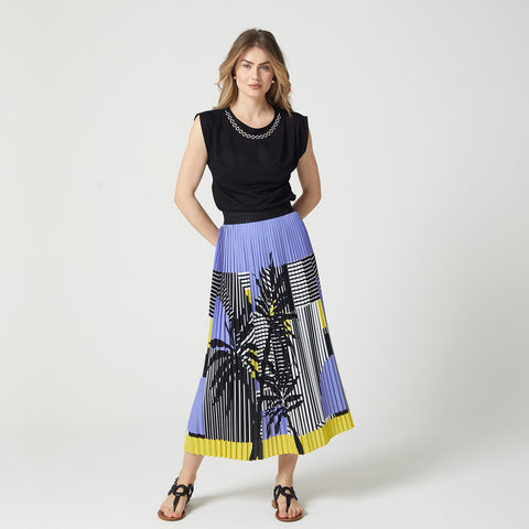 Lalipop Design | Stripe And Palm Print Pleated Recycled Fabric Maxi Skirt