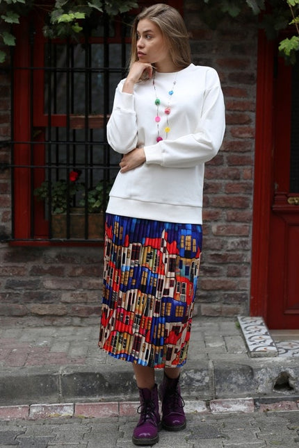 Lalipop Design | Multi-Color Pleated Maxi Skirt With House Pattern