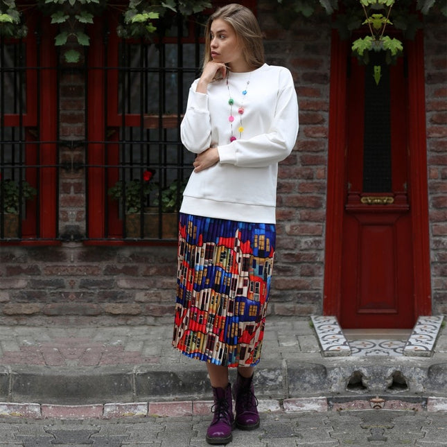 Lalipop Design | Multi-Color Pleated Maxi Skirt With House Pattern