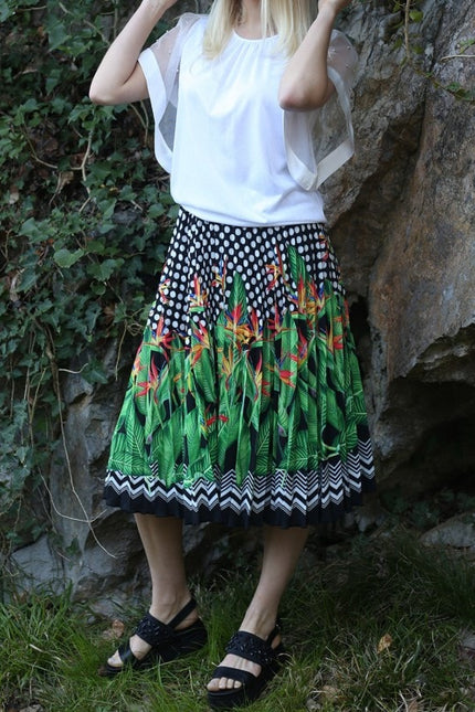 Lalipop Design | Polka Dot & Palm Tree Print Half Circle Pleated Midi Skirt