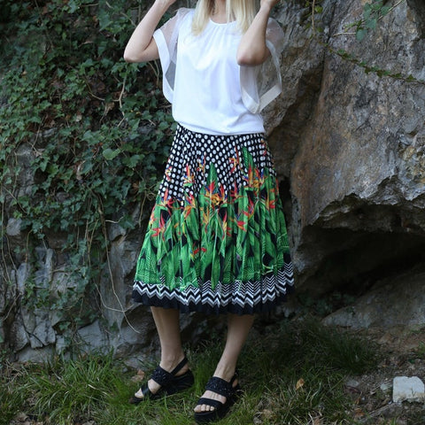 Lalipop Design | Polka Dot & Palm Tree Print Half Circle Pleated Midi Skirt