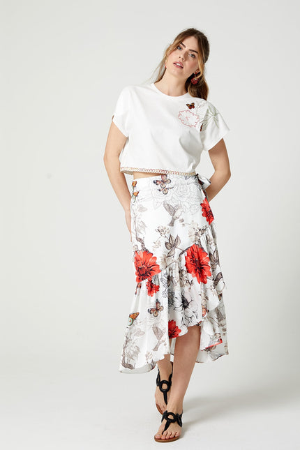 Lalipop Design | Floral Print Satin Wrap Midi Skirt