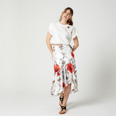 Lalipop Design | Spódnica midi z satyny z nadrukiem kwiatowym