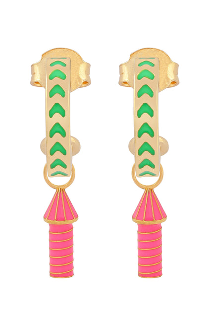 image of rocket enamel earrings in green and pink and gold on white background