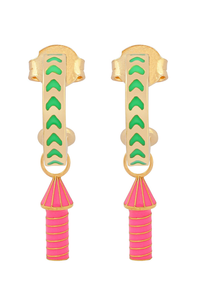 image of rocket enamel earrings in green and pink and gold on white background