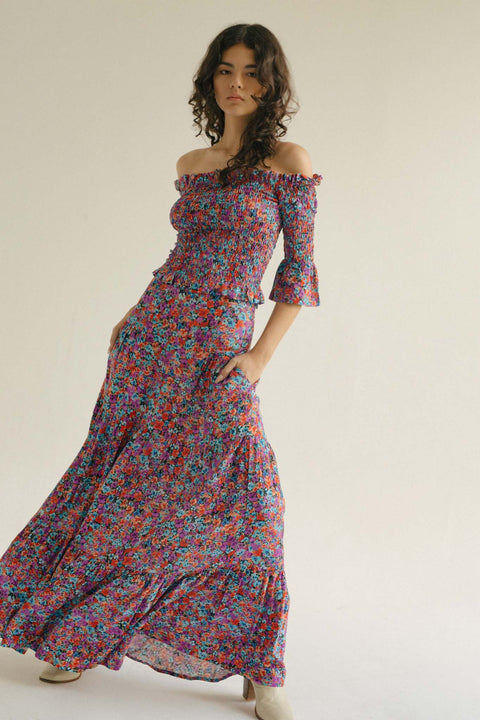 State Of Georgia I THE SKY HIGH WAISTED MAXI SKIRT - FLORAL EXPLOSION RASPBERRY