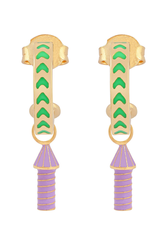 image of rocket enamel earrings in green and purple and gold on white background