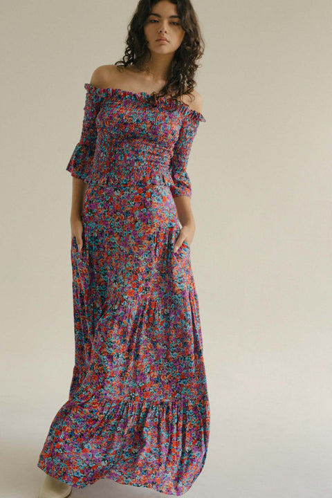 State Of Georgia I THE SKY HIGH WAISTED MAXI SKIRT - FLORAL EXPLOSION RASPBERRY