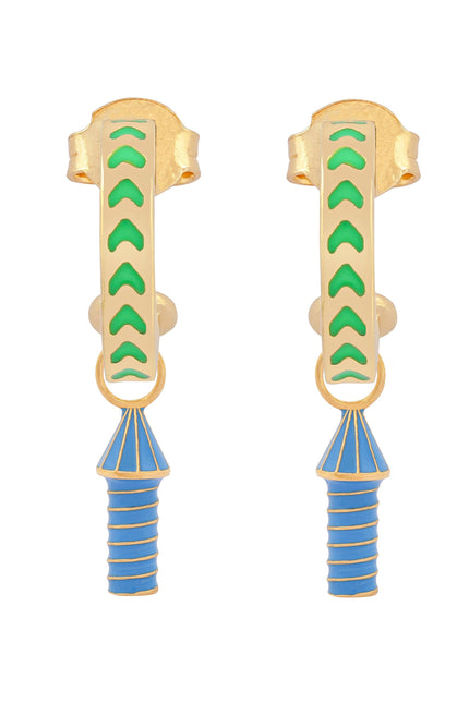 image of rocket enamel earrings in green and blue and gold on white background