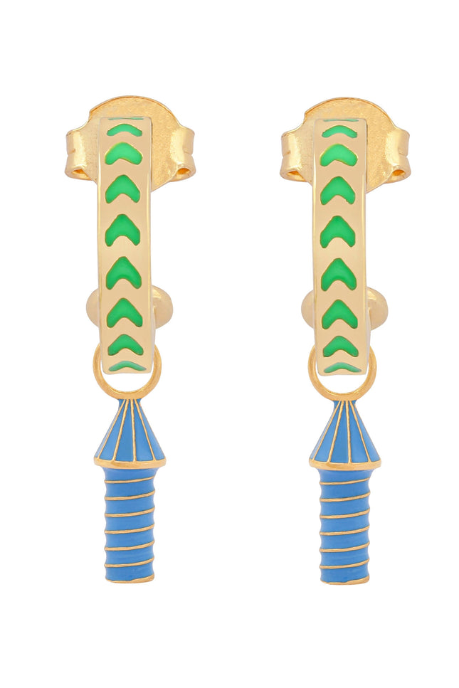 image of rocket enamel earrings in green and blue and gold on white background