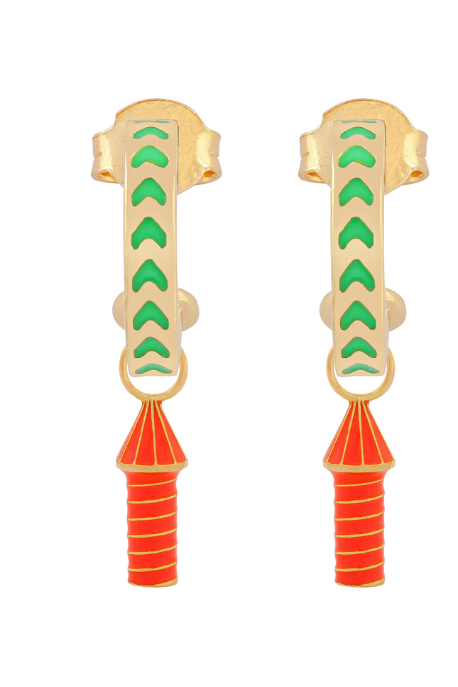 image of rocket enamel hoops in green and orange and gold on white background