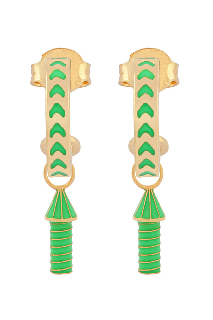 image of rocket enamel earrings in green and gold on white background