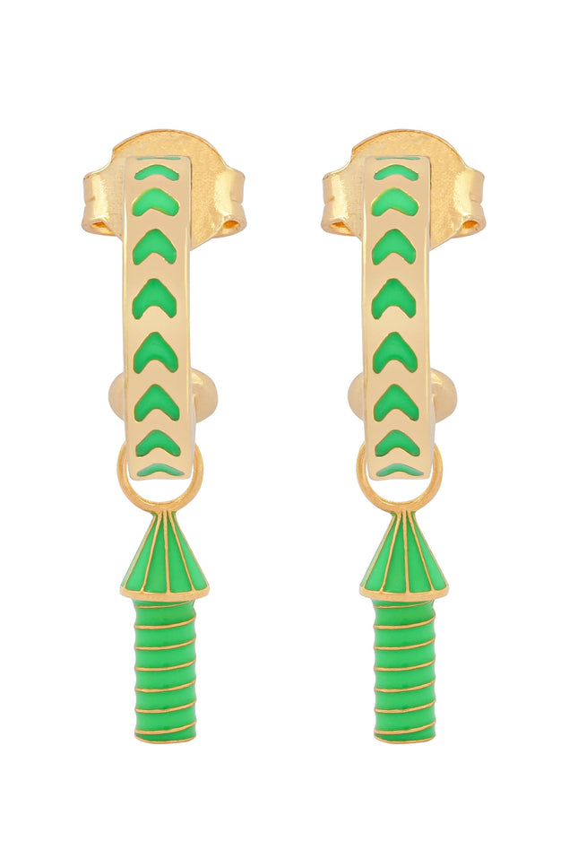 image of rocket enamel earrings in green and gold on white background
