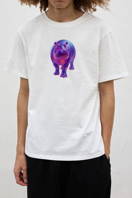 Close-up front view of the colourful hippopotamus graphic on the SOUR FIGS white cotton-blend unisex hippo print T-shirt.