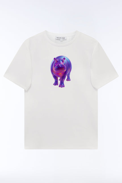 Front view of the SOUR FIGS Iridescent Hippo Print Unisex T-Shirt in White, with a purple, blue and pink hippopotamus graphic and crew neckline.