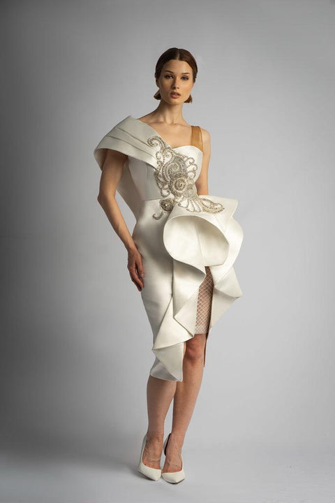 Anitabel | IVORY SATIN COURT WEDDING DRESS WITH SILVER DETAILS