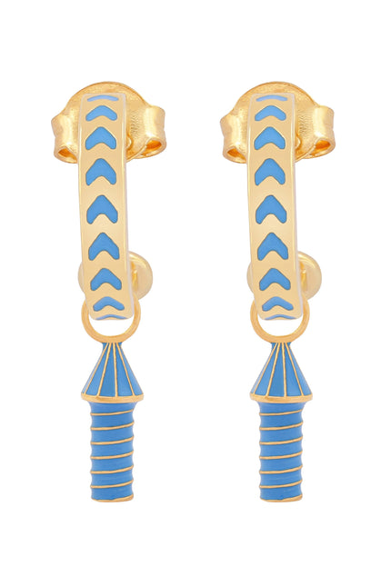 image of rocket enamel earrings in blue and gold on white background