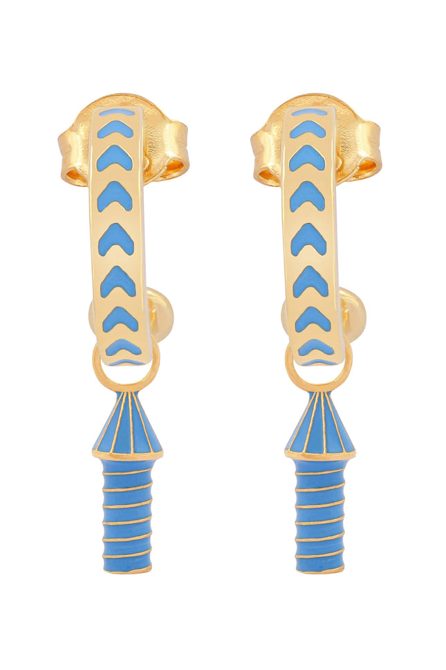 image of rocket enamel earrings in blue and gold on white background