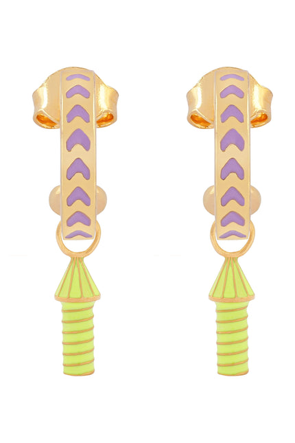 image of rocket enamel earrings in purple, neon yellow and gold on white background