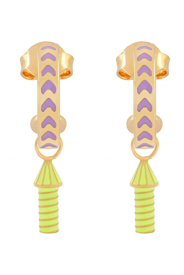 image of rocket enamel earrings in purple, neon yellow and gold on white background