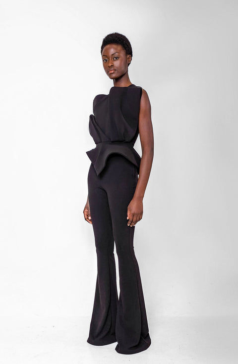 Anitabel | KOMPLET BLUZKI I SPODNI Z PEPLUM JADE W KOLORZE CZARNYM