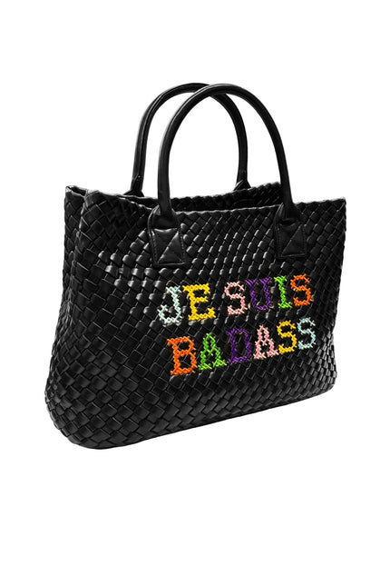 Lilly Loves Je Suis Badass Vegan embroidered handbag shown from the side, featuring colorful embroidery and a sleek design.