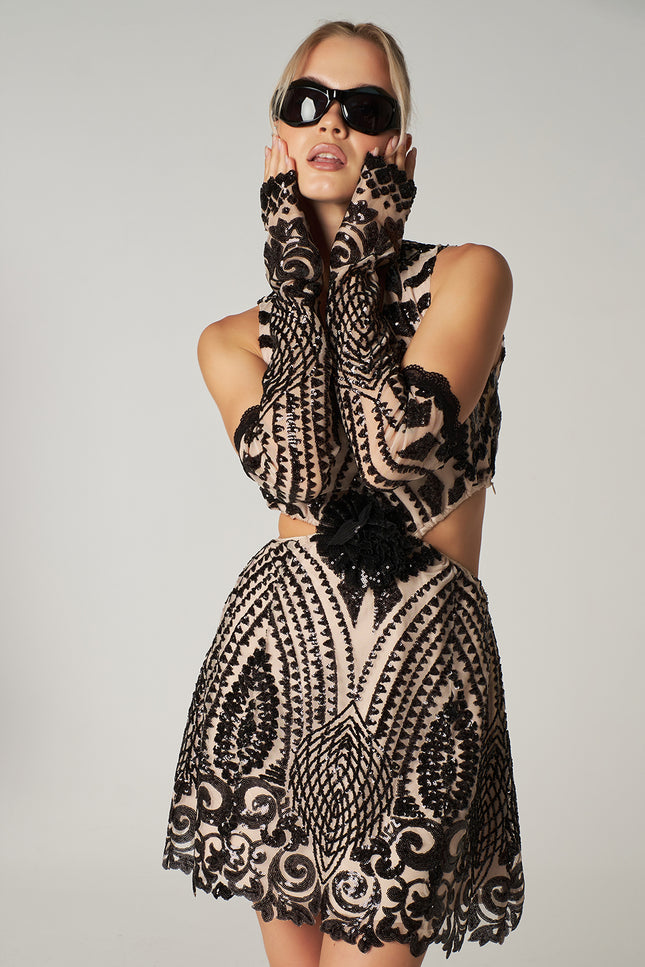 Petra Petrova | Sequin Side Cut Out  Mini Dress With Gloves Kendall
