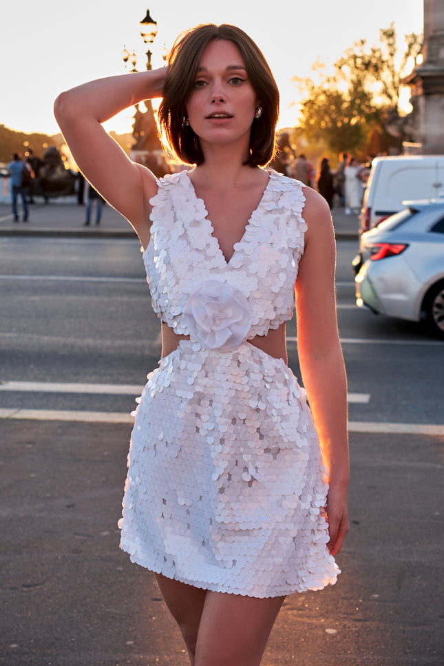 Petra Petrova | White Sequin Side Cut Out Mini Dress Hailey