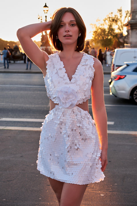 Petra Petrova | White Sequin Side Cut Out Mini Dress Hailey