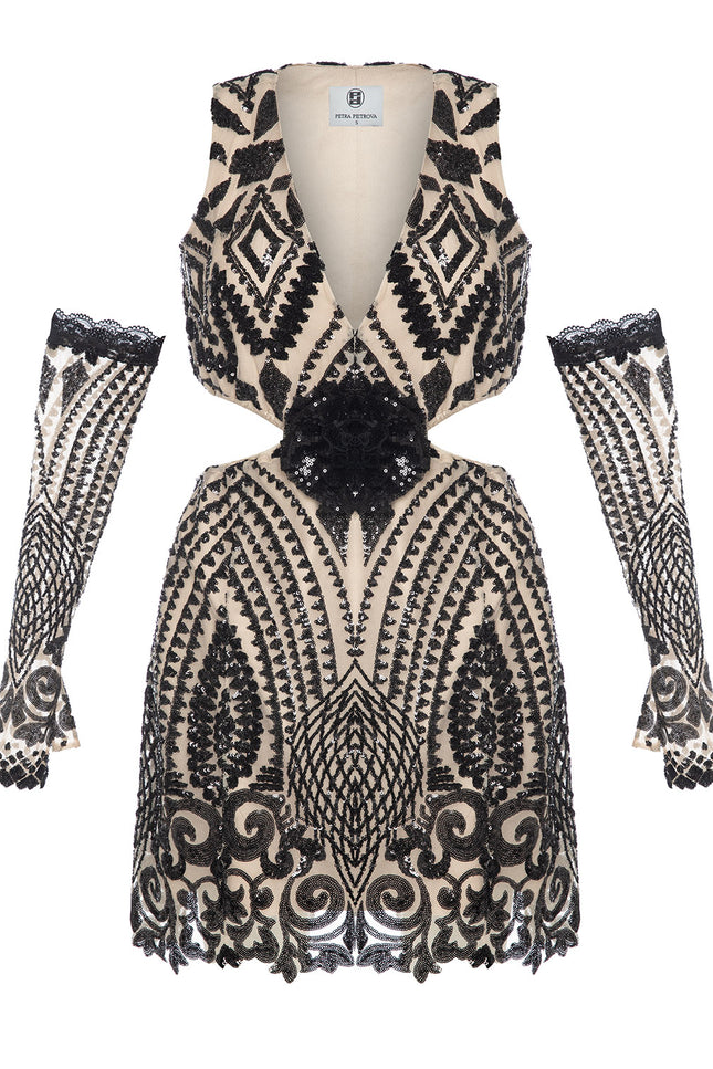 Petra Petrova | Sequin Side Cut Out  Mini Dress With Gloves Kendall