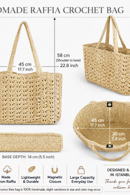 Springmoonatelier | Handmade Raffia Crochet Tote Bag – Natural Large Shoulder Bag