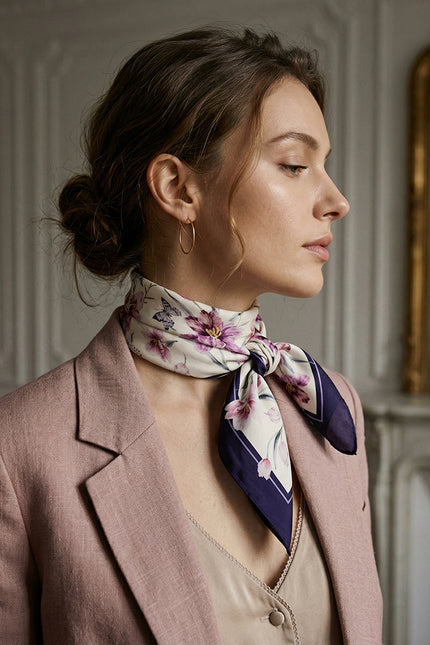 Tulip and Butterfly Double-Sided Silk Scarf-Purple-S