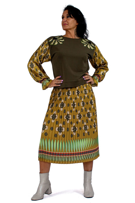 Lalipop Design | Abstract Khaki Flower Print Pleated Midi Skirt