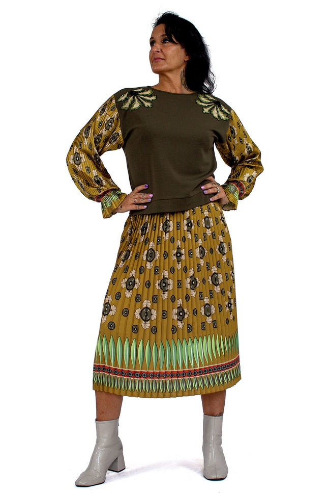 Lalipop Design | Abstract Khaki Flower Print Pleated Midi Skirt
