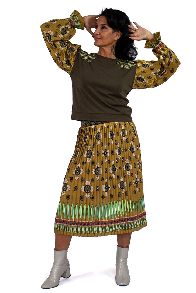 Lalipop Design | Abstract Khaki Flower Print Pleated Midi Skirt