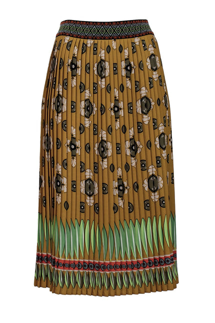 Lalipop Design | Abstract Khaki Flower Print Pleated Midi Skirt