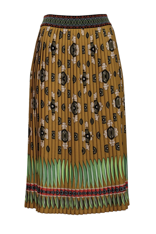 Lalipop Design | Abstract Khaki Flower Print Pleated Midi Skirt