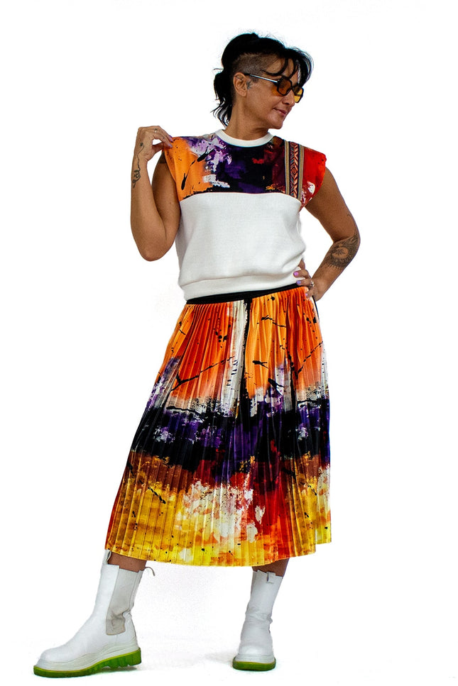 Lalipop Design | Colorful & Abstract Print Pleated Velvet Midi Skirt