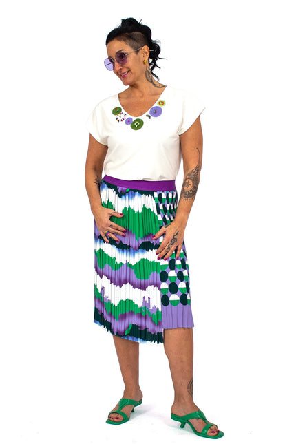 Lalipop Design | Asymmetric Midi Pleated Skirt With Wavey & Polka Dot Print