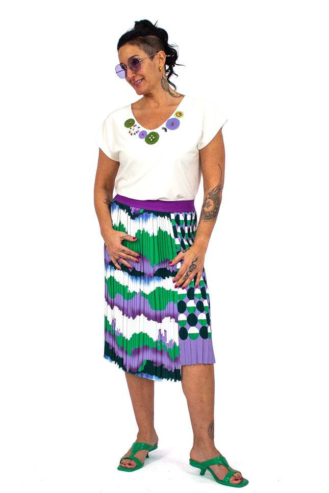 Lalipop Design | Asymmetric Midi Pleated Skirt With Wavey & Polka Dot Print
