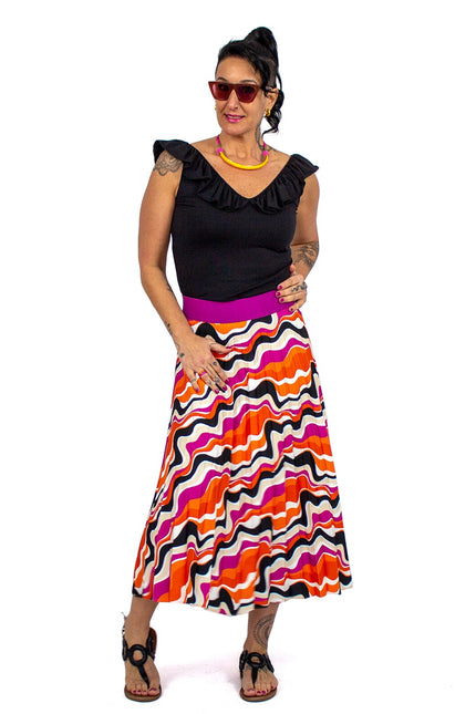 Lalipop Design | Half-Circle Pleated Midi Skirt with colorful wavy print